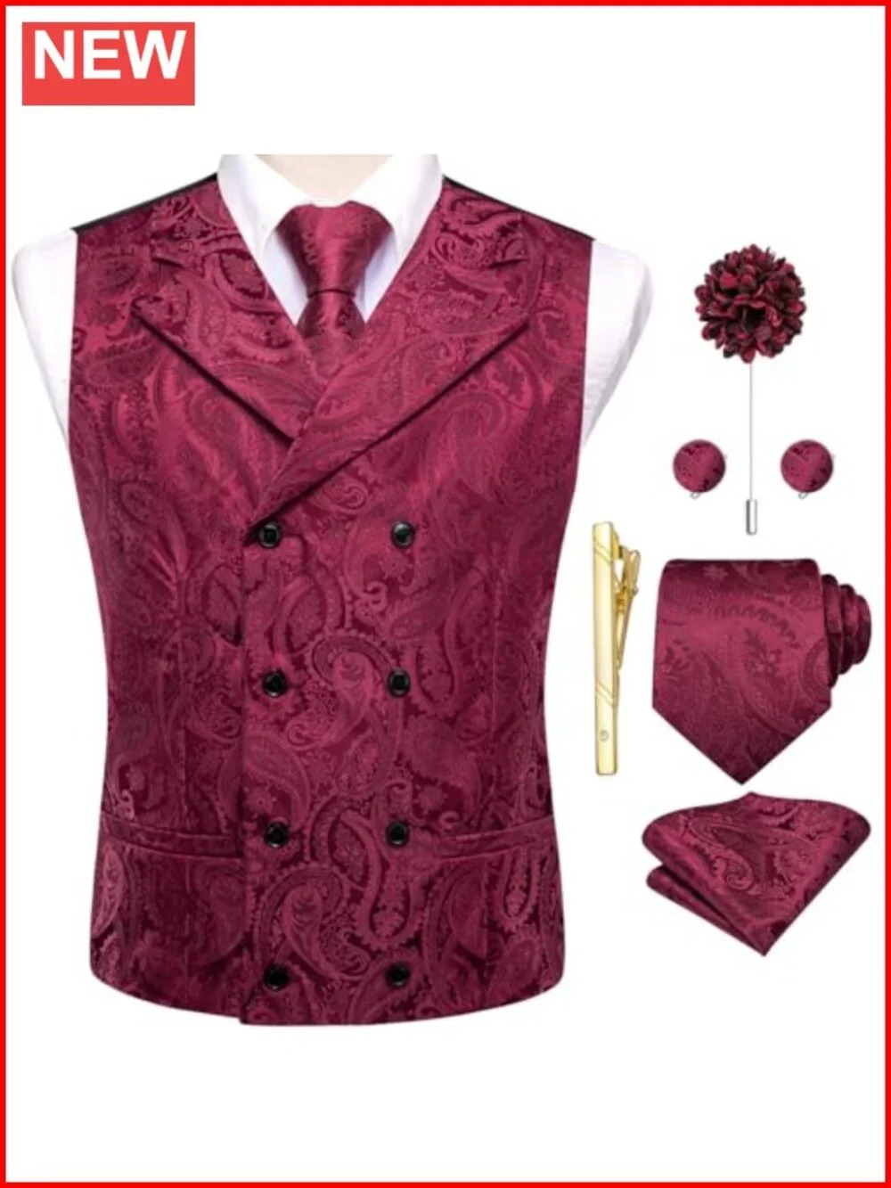 Mens Double Breasted Paisley Vest Tie Set 6 Piece Wedding Formal Party